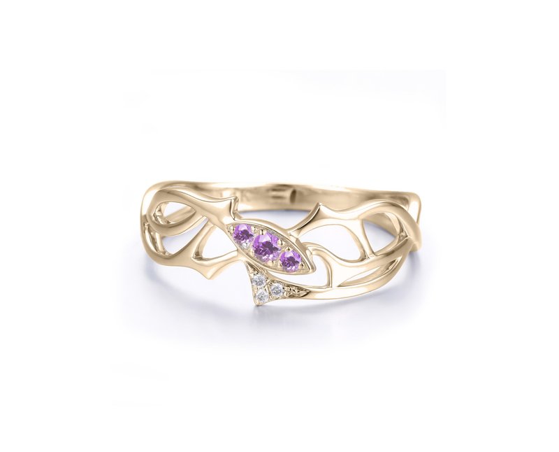 紫水晶14k金鑽石馬眼形訂婚戒指 樹枝造型求婚鑽戒 荊棘結婚戒指 - 戒指 - 貴金屬 紫色