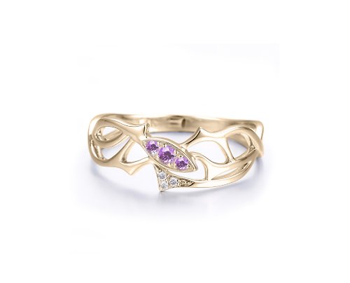 Majade Jewelry Design 紫水晶14k金鑽石馬眼形訂婚戒指 樹枝造型求婚鑽戒 荊棘結婚戒指