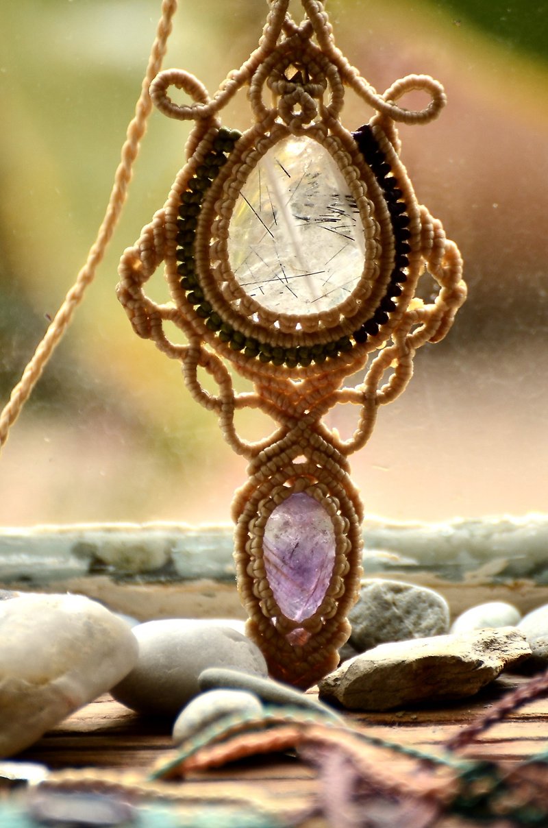 天然水晶-白髮晶/銀髮晶-手制花邊編織項鍊 - 項鍊 - 寶石 透明