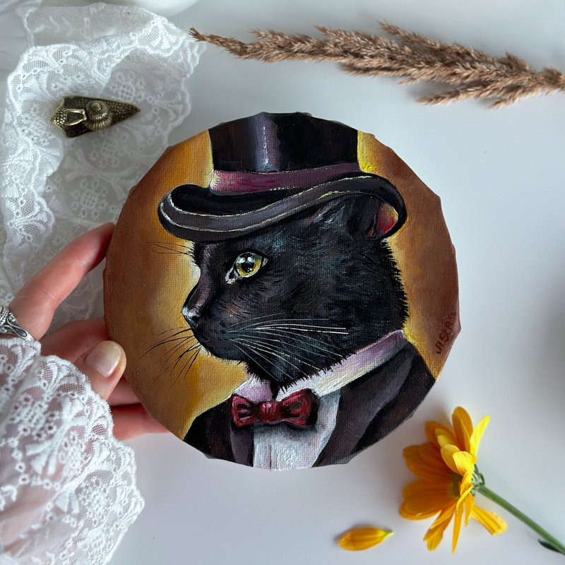 Black cat in hat original painting, Pet portrait, Vintage Style Animal Wall Art - Wall Décor - Cotton & Hemp Khaki