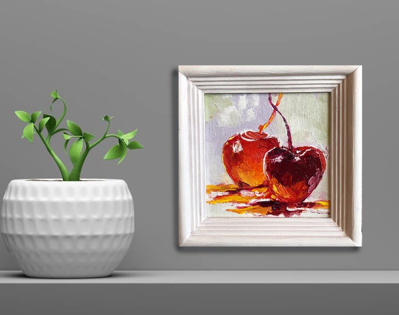 Cherry painting, Fruit, Red berries Still Life, Kitchen art, Framed painting - Posters - Cotton & Hemp 