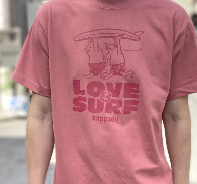 猫と青蛙のTシャツ　ヘイジーピンク　男女兼用 - 女 T 恤 - 棉．麻 粉紅色