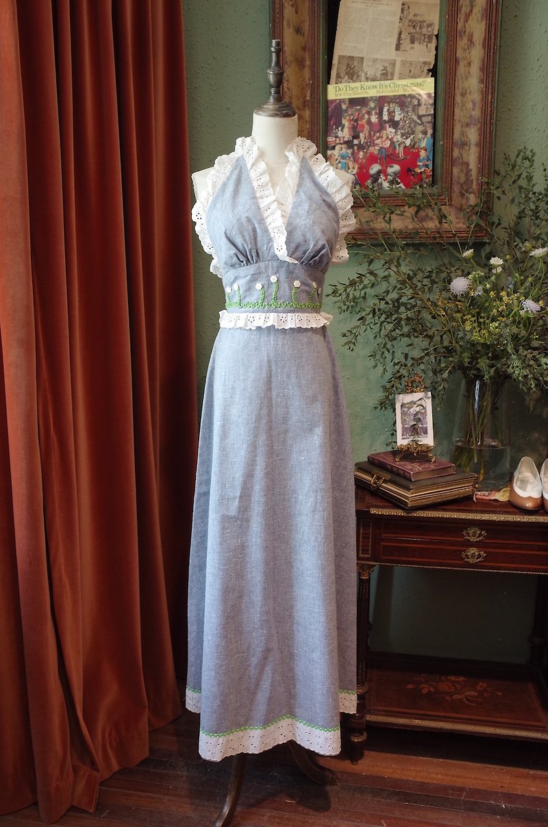 vintage dress lace fungus backless vintage dress - ชุดเดรส - ผ้าฝ้าย/ผ้าลินิน 