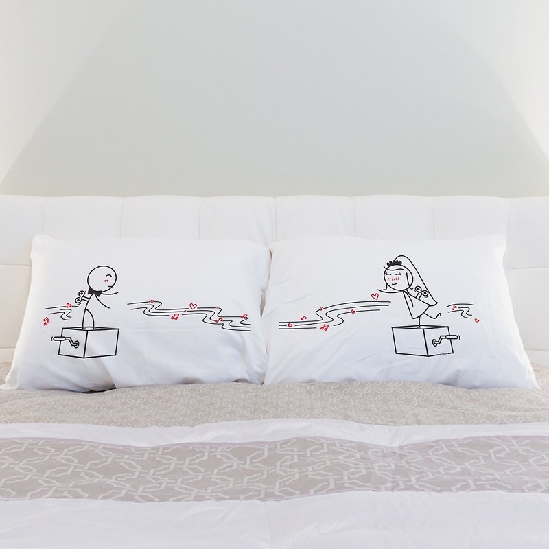 Music Box Boy Meets Girl couple pillowcase by Human Touch - เครื่องนอน - ผ้าฝ้าย/ผ้าลินิน ขาว