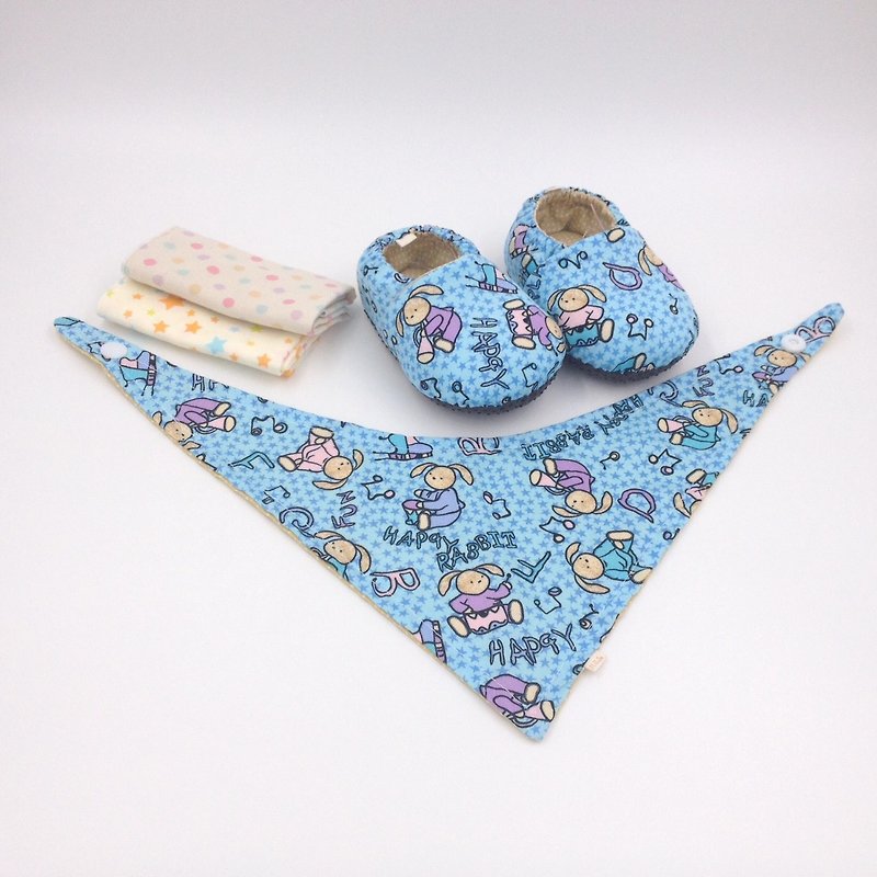 小兔樂團-彌月禮盒(學步鞋/寶寶鞋/嬰兒鞋+2手帕+領巾) - 彌月禮盒 - 棉．麻 藍色