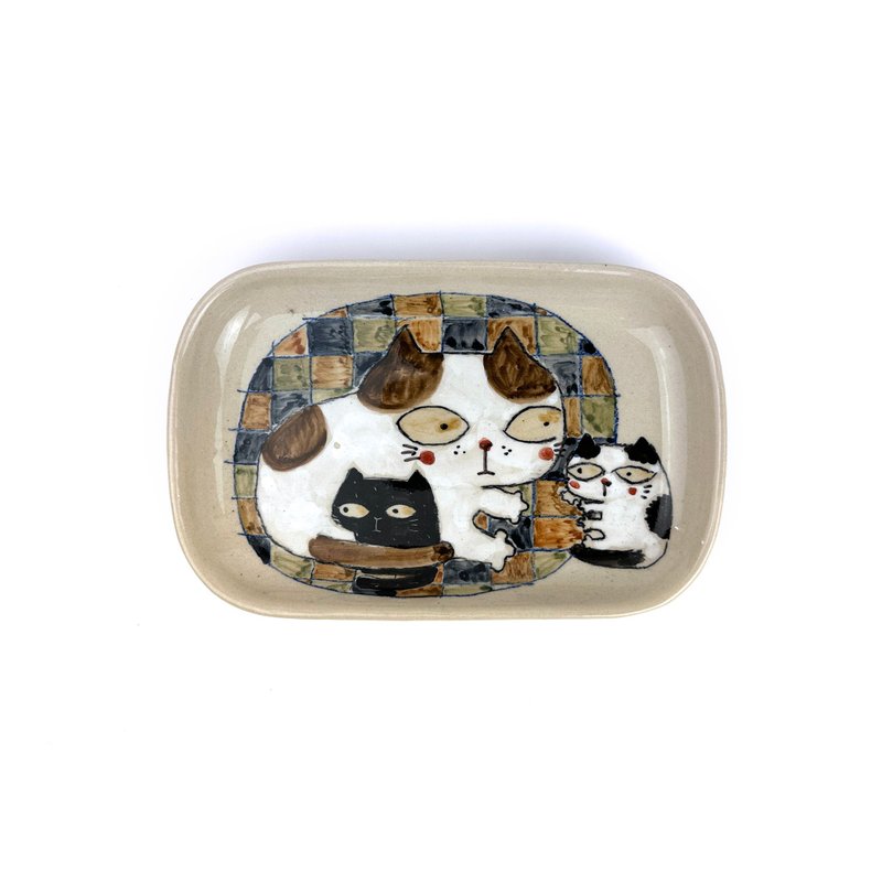 Nice Little Clay rectangular plate cute cat 0302L-61 - Plates & Trays - Pottery White