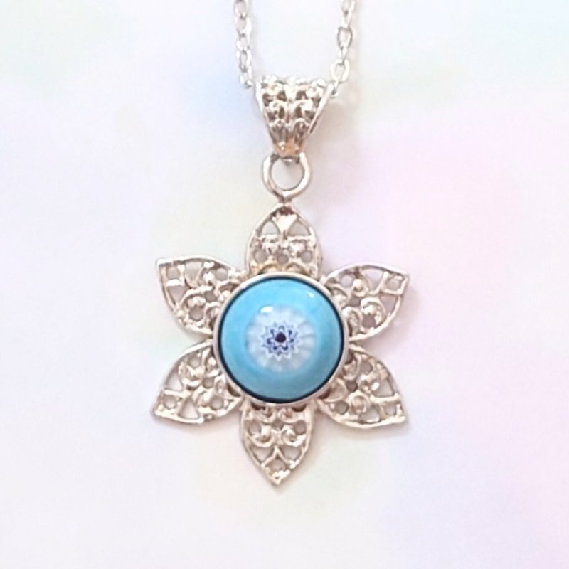 Cloisonne millefiori flower lover pattern necklace - Necklaces - Glass Blue