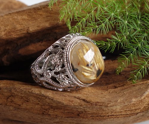 山奇藝術 天然鈦晶戒指 戒指 8.4公克 男戒 大克拉 天然黃金髮晶 乾淨亮白
