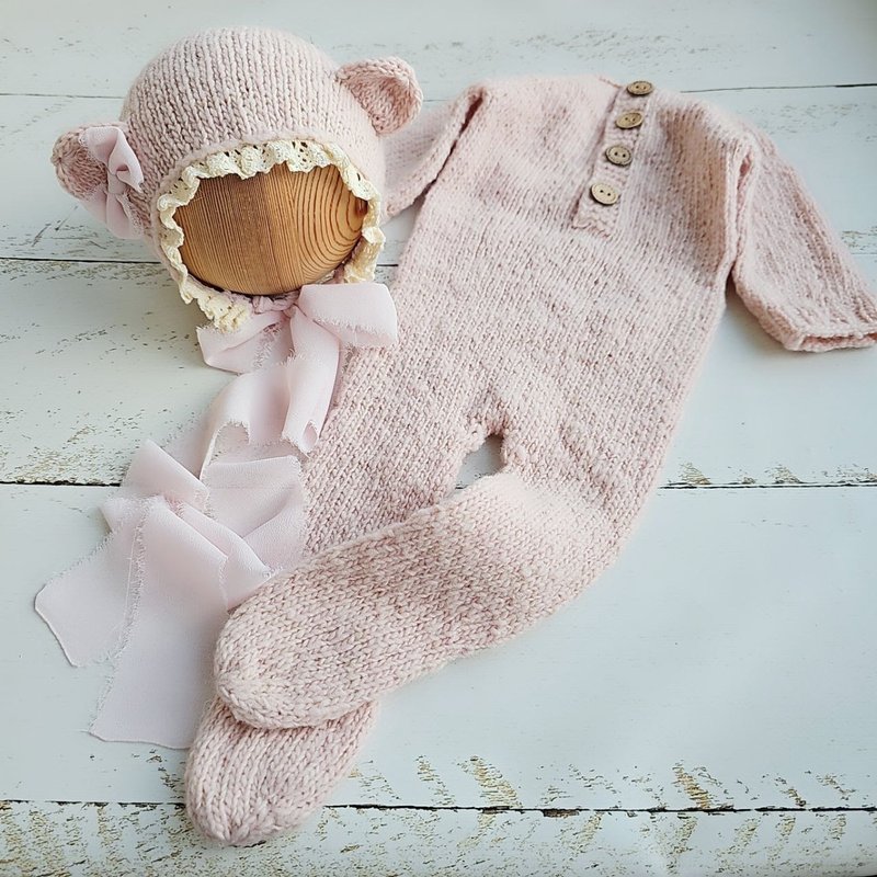 Newborn tweed Bonnet, romper, outfit, pillow / Photo props - 嬰兒手鍊/飾品 - 羊毛 粉紅色