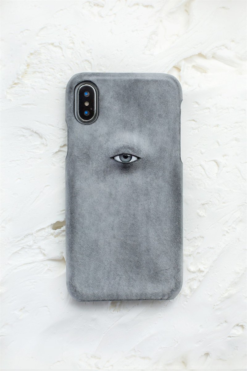 煙霧黑 眼珠題材 手工真皮iPhone手機殼 保護套 義大利植鞣牛皮 - 手機殼/手機套 - 真皮 灰色