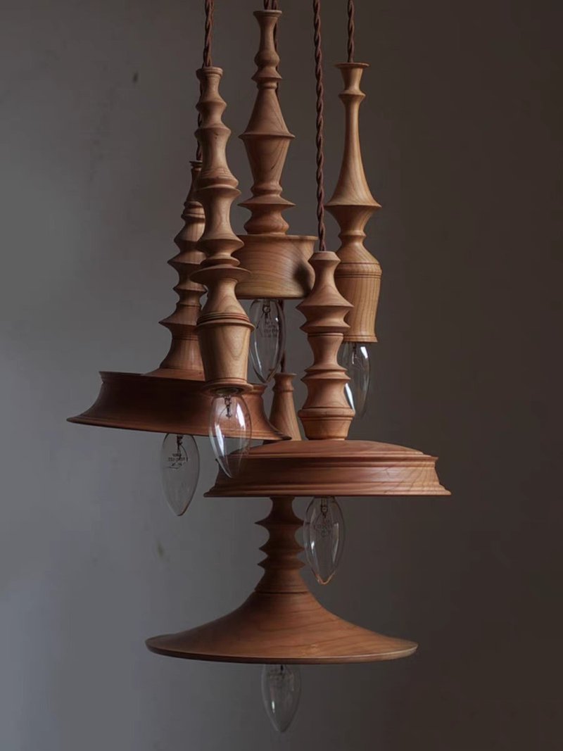 French retro cherry log handmade solid wood chandelier - โคมไฟ - ไม้ สีนำ้ตาล