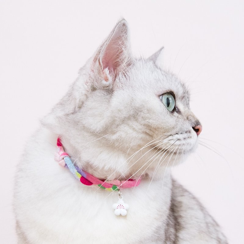 日本製犬猫首輪（調節可能）-桃紫パープル＋ホワイト（鈴は在庫切れ） - 首輪・リード - シルク・絹 パープル
