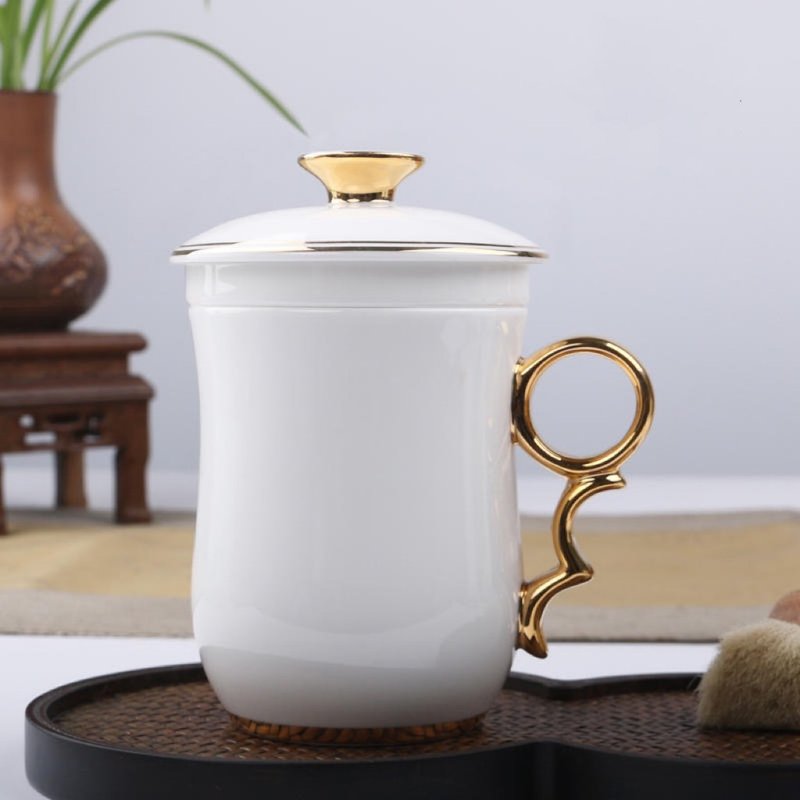 Rhinoceros porcelain white jade (rich gold) cover cup - แก้ว - เครื่องลายคราม ขาว