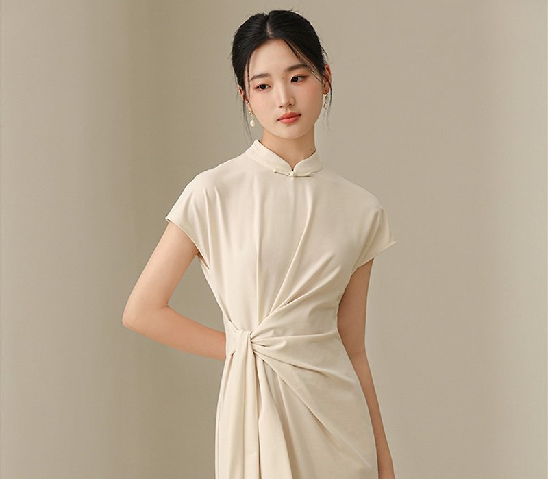 新中式復古中國風 夏季氣質針織改良洋裝 - 連身裙 - 棉．麻 白色