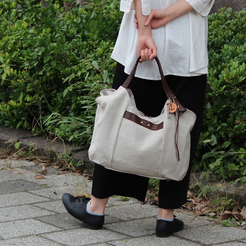 tanton-linen-dark brown linen canvas × leather bag - กระเป๋าถือ - ผ้าฝ้าย/ผ้าลินิน สีเทา