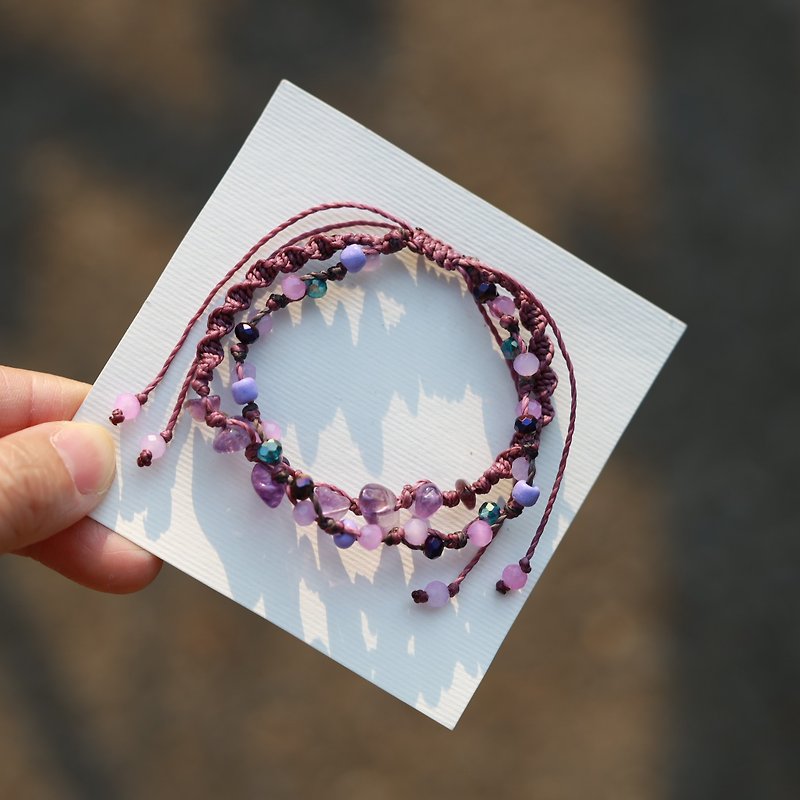 Purple amethyst stone crystal woven waxed cord double layered bracelet - 手鍊/手鐲 - 繡線 紫色