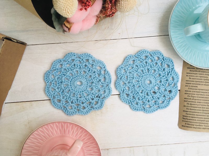 Crochet doily set for mugs Set of 2 Coffee mug holder Knitted mug coaster - 咖啡杯 - 棉．麻 藍色