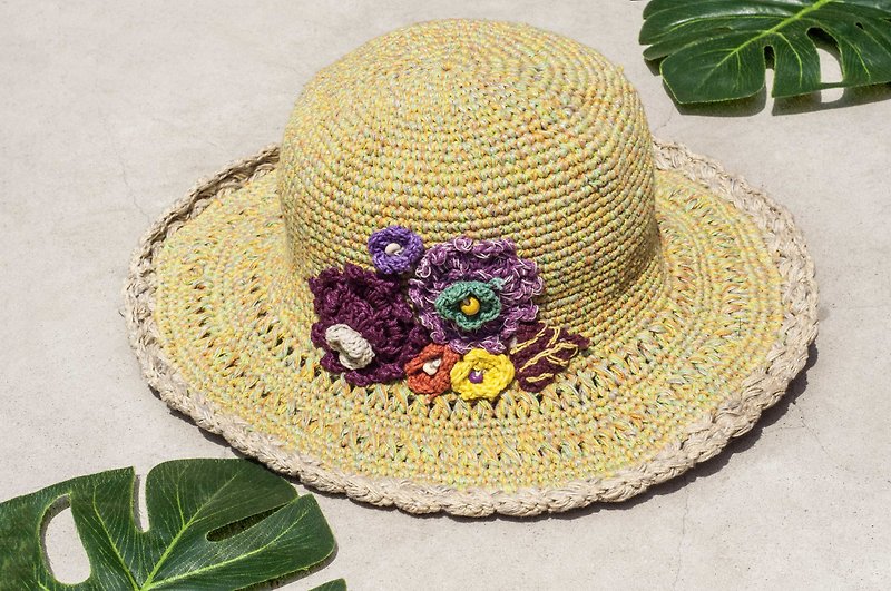 Hand-knitted cotton and linen cap knit hat fisherman hat sun hat straw hat - weaving flowers purple forest - Hats & Caps - Cotton & Hemp Multicolor