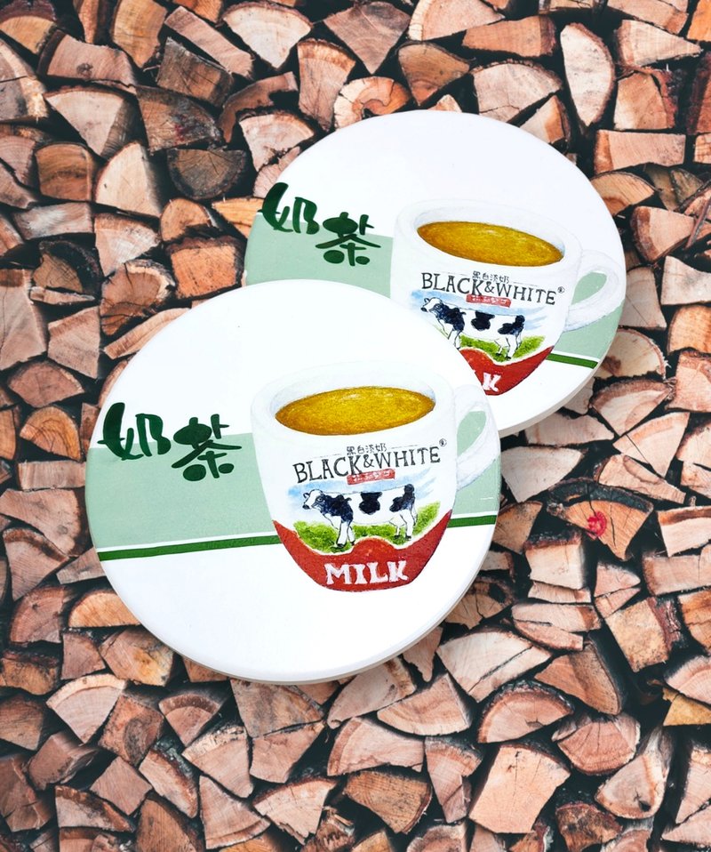 原創 手繪水彩黑白奶茶 陶瓷杯墊 - 杯墊 - 陶 白色