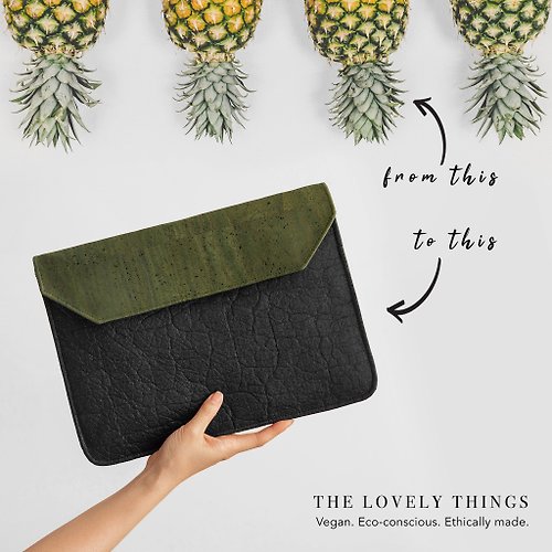 The Lovely Things 【英國製造】MORGAN輕量電腦包筆電套 - 黑/橄欖綠(環保植物皮革)