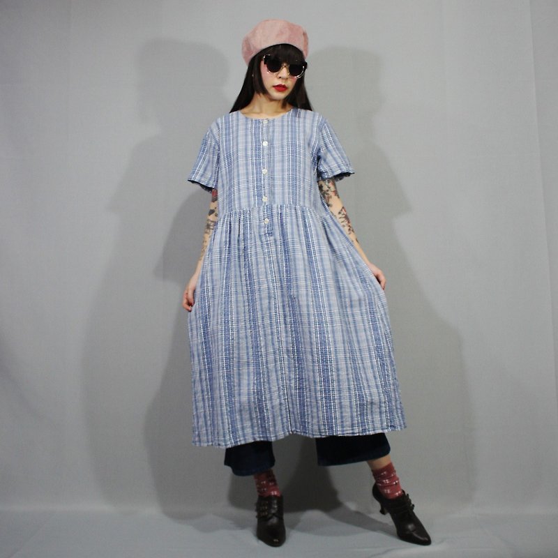 (Free shipping) (Vintage dress) Blue White Summer Plaid Waistband Tie Two-pocket Japanese vintage dress (Wedding/Birthday gift) F3212 - ชุดเดรส - ผ้าฝ้าย/ผ้าลินิน สีน้ำเงิน