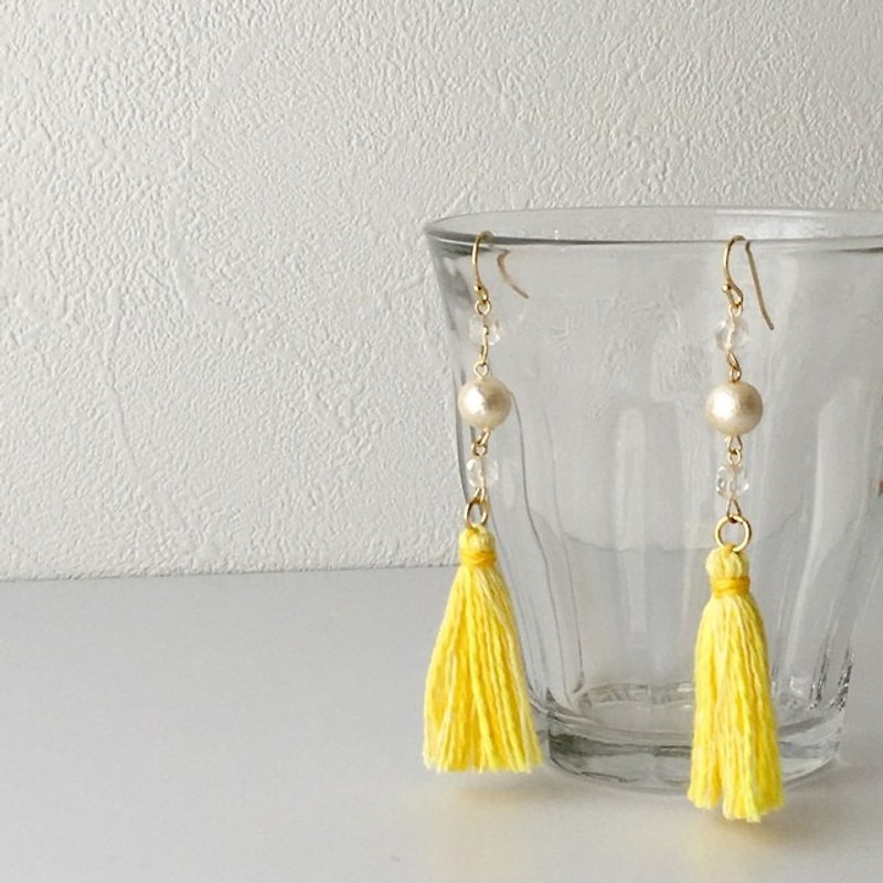 ★ shimmering tassel earrings & earrings "Double Yellow" - ต่างหู - ผ้าฝ้าย/ผ้าลินิน สีเหลือง
