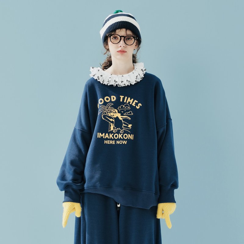 好時光寶藍色冬季加絨大學T恤 / 長袖 上衣 - 帽T/大學T - 其他材質 藍色