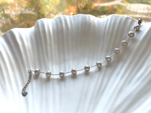 Athena珍珠設計 銀灰 天然淡水珍珠 銀灰炫彩色 純銀 手鏈