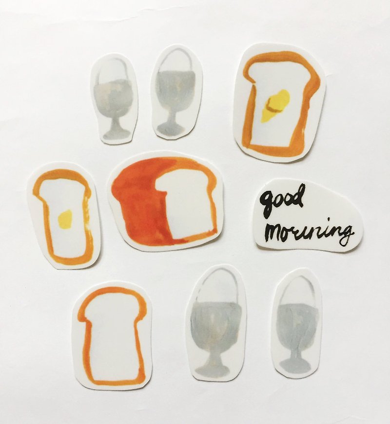 Good morning! Toast and egg cup transparent stickers, food hand-cut paper, handwritten English characters, a pack of 9 - สติกเกอร์ - พลาสติก สีเทา