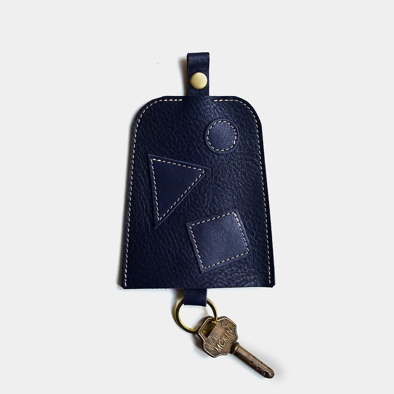 [Mathematician's key] cowhide key case vegetable tanned blue leather geometric pattern lettering gift - Keychains - Genuine Leather Blue
