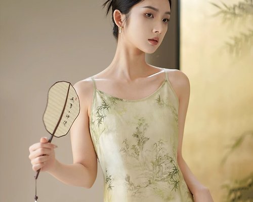 初蟬 竹影 新中式復古中國風 天絲印花修身吊帶裙