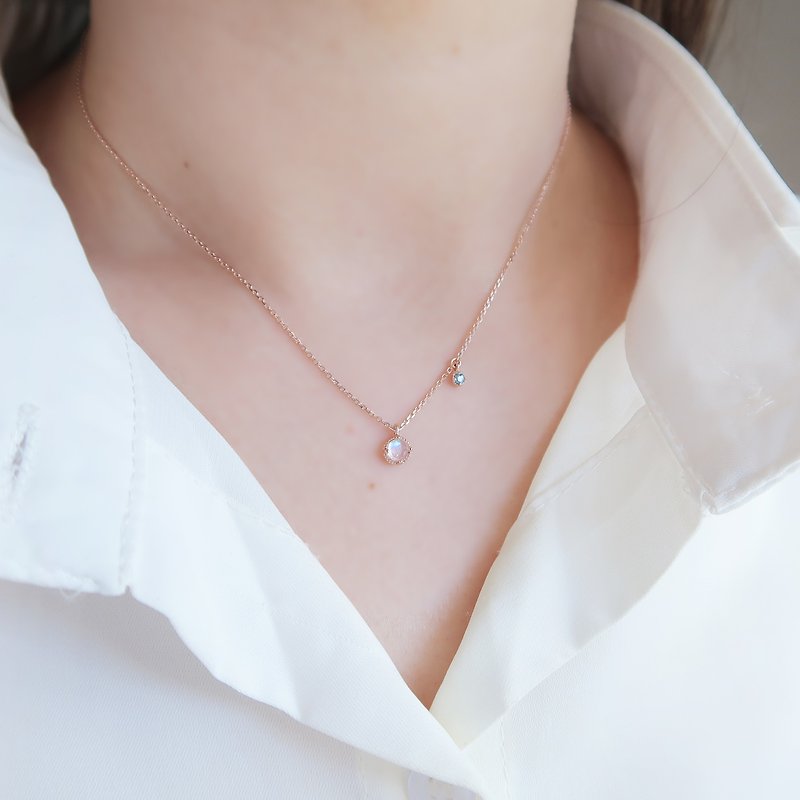 Mother's Day gift moonstone Stone small diamond 925 sterling silver 18K Rose Gold necklace free packaging - สร้อยคอ - เงินแท้ สีแดง