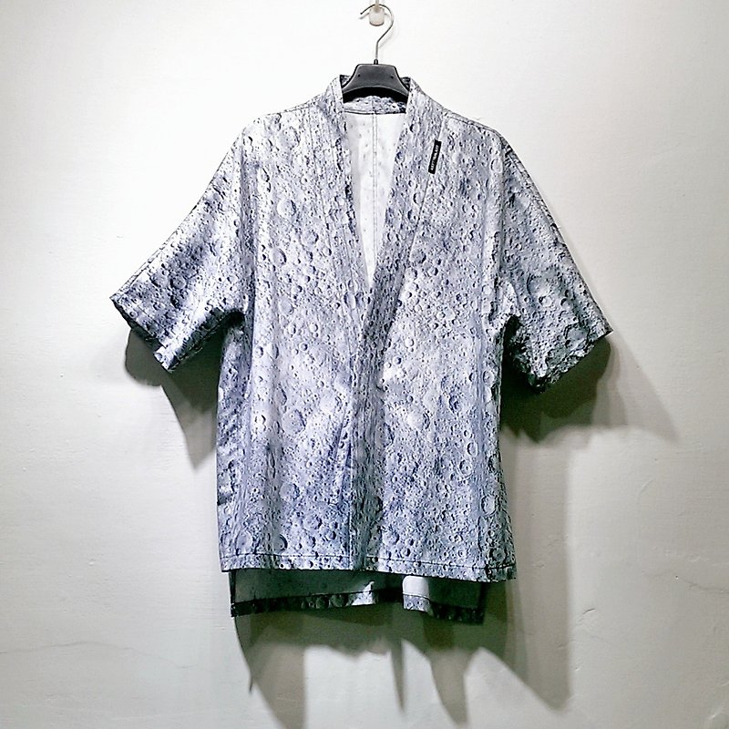 Japanese style moon print unisex jacket (men) Ray77 Galaxy - เสื้อโค้ทผู้ชาย - ผ้าฝ้าย/ผ้าลินิน สีเทา