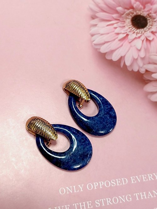 老時光製造所 vintage jewelry 藍色大理石紋吊環夾式耳環