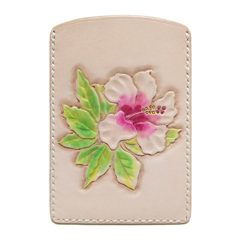 marie / Marie Genuine leather leather pass case / flower / hibiscus / regular case / hand dyeing / carving - ที่ใส่บัตรคล้องคอ - หนังแท้ สึชมพู