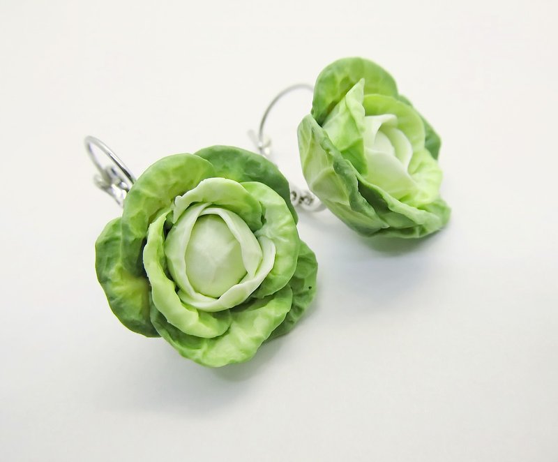 Green Cabbage earrings Food jewelry Funny vegetarian earrings Cute clay earrings - 耳環/耳夾 - 黏土 綠色