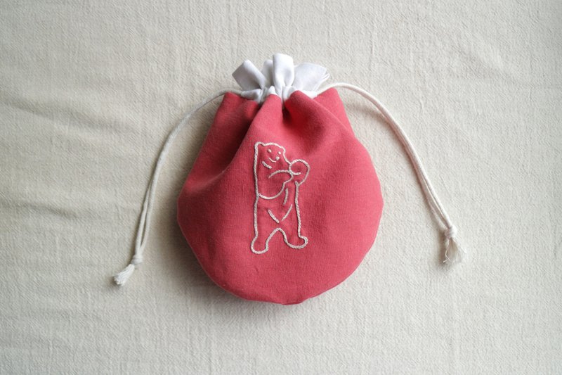 手工刺繡圓弧束口袋 / 北極熊 M - 化妝包/收納袋 - 棉．麻 粉紅色