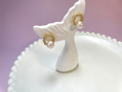 Athena珍珠設計 花環 Akoya 天然海水珍珠 S925銀耳針耳環