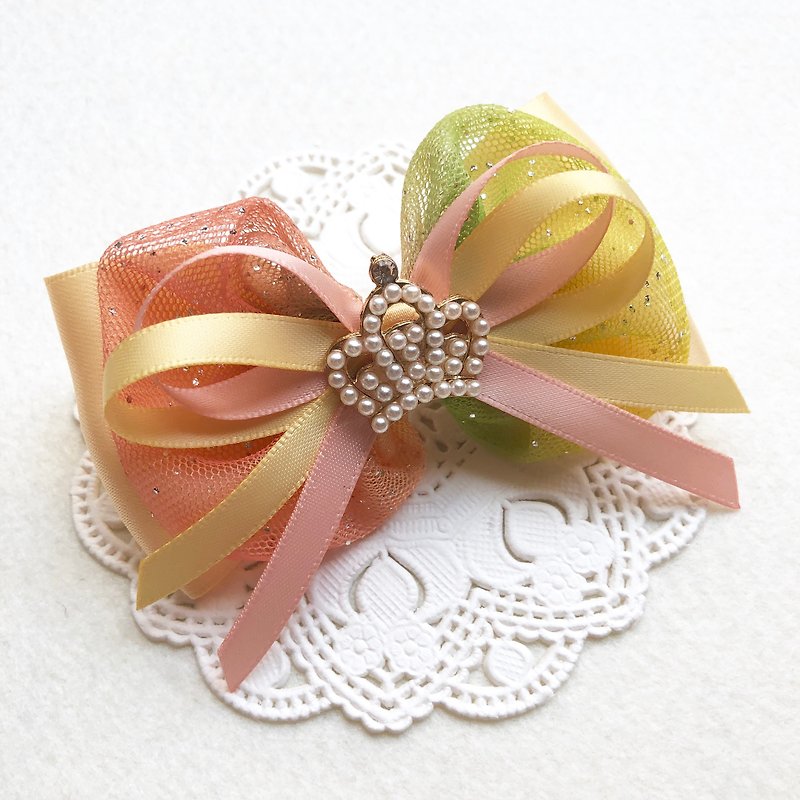 Pearl Crown Round Yarn Bow Hair Clip/Yellow - Hair Accessories - Other Materials Yellow