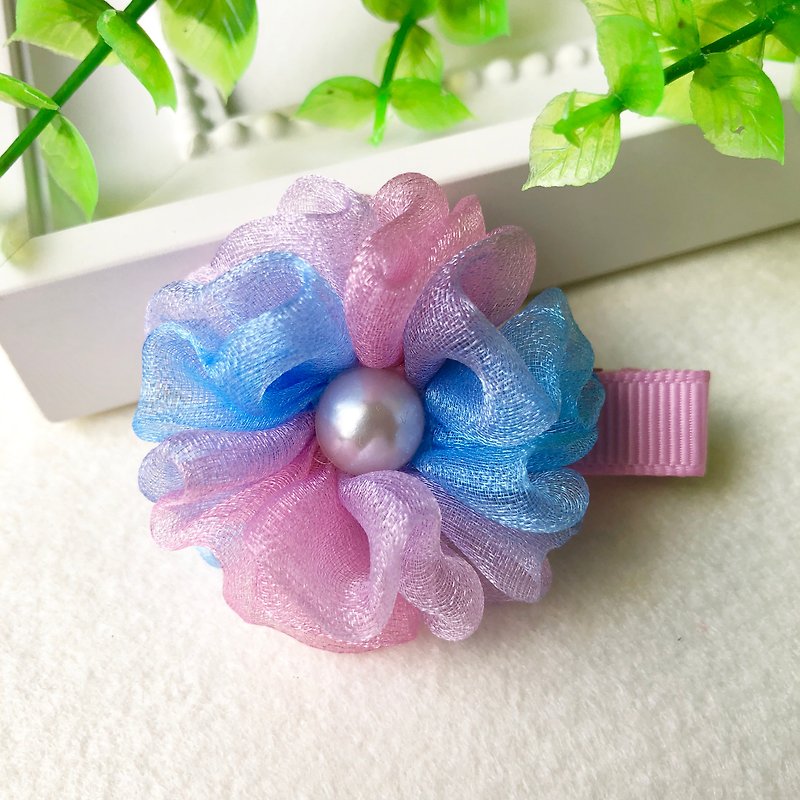Symphony pearl yarn small flower bangs hairpin/pink blue - เครื่องประดับผม - วัสดุอื่นๆ 