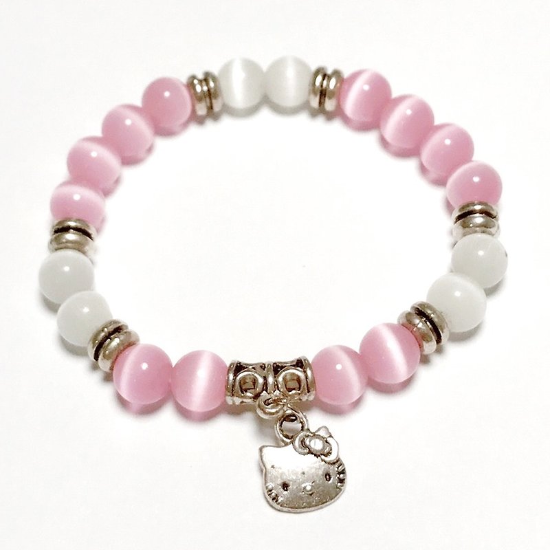 Pink KITTY custom bracelet opal white cat eyes pink cat eye ore attracts good luck - Bracelets - Sterling Silver 