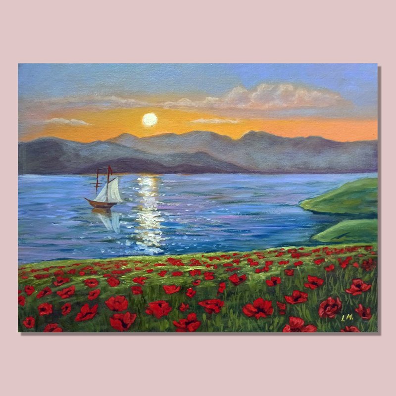 Original oil Landscape painting, Seascape Sailboats painting - วาดภาพ/ศิลปะการเขียน - วัสดุอื่นๆ หลากหลายสี