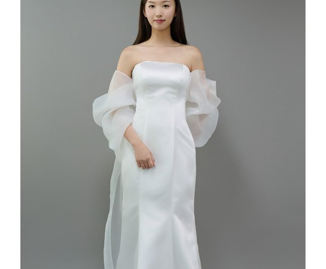 ホワイトサテンストラップレスドレス サテンのストラップレスホワイトドレス - ショップ Dahlia Blanc