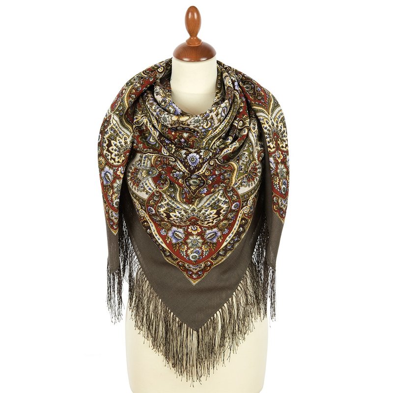 パヴロヴォポサド ロシア製ショール ウール100% スカーフ 125x125cm ラップ シルクフリンジ 1918-16 - スカーフ - ウール ブラウン