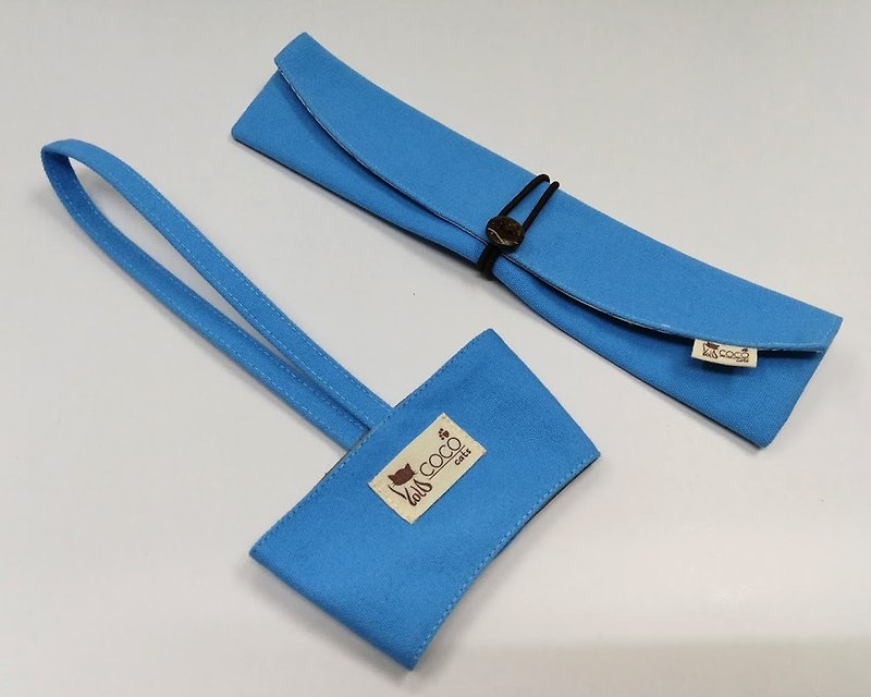 環保筷袋杯套組~手提式飲料杯套 餐具組收納袋 筷套(藍色)F08-008 - 飲料提袋/杯袋/杯套 - 棉．麻 