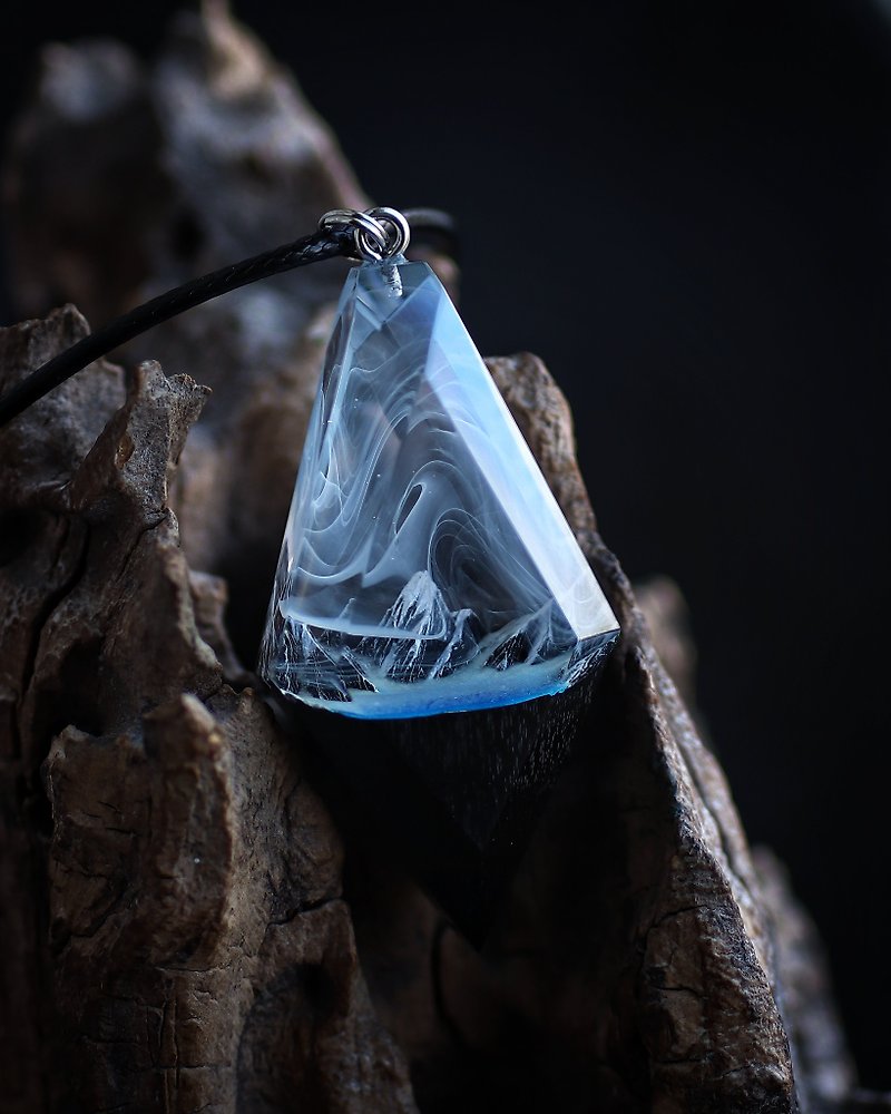 Wood resin pendant Mountain necklace Glow in the dark Epoxy resin necklace - Necklaces - Wood Transparent