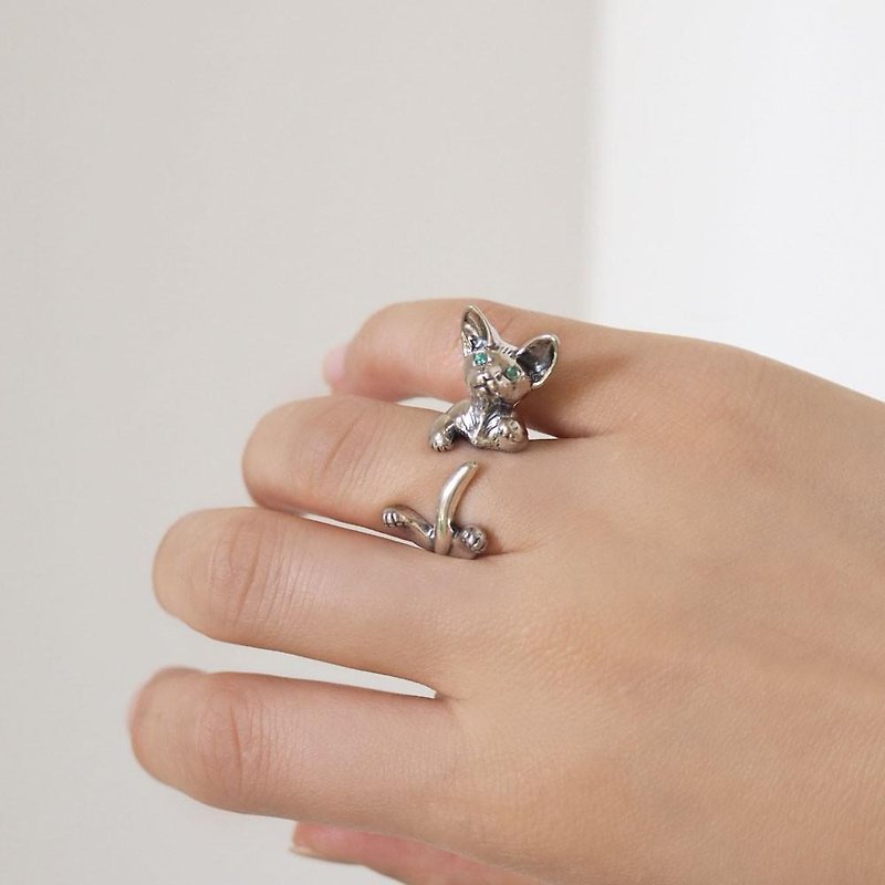 デボンレックス 猫リング エメラルド - 戒指 - 純銀 銀色