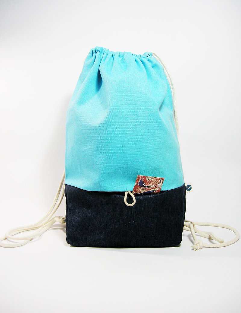 ●雙色雙層束口後背包(帆布)__作作 zuo zuo手製包 - 水桶袋/索繩袋 - 其他材質 藍色