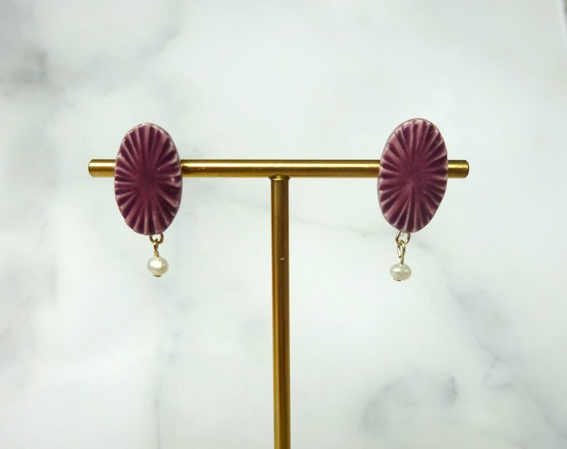 Oval pierce earrings, purple - Earrings & Clip-ons - Pottery Purple