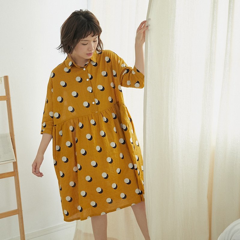 Demila Circle Print Shirt Dress with Pockets/Ginger Yellow - ชุดเดรส - ผ้าฝ้าย/ผ้าลินิน สีเหลือง